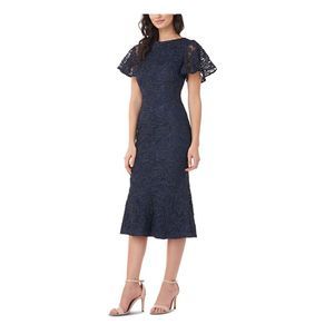 JS COLLECTION Womens Navy V-back  Bra-friendly Flutter Sleeve Dress 2